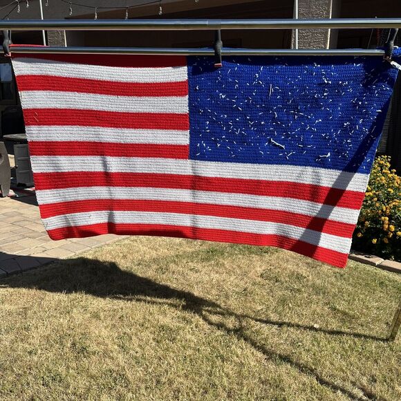 Vintage Hand Knit Crocheted American Flag Patriotic Afghan Throw Blanket 57X33 - Picture 7 of 7